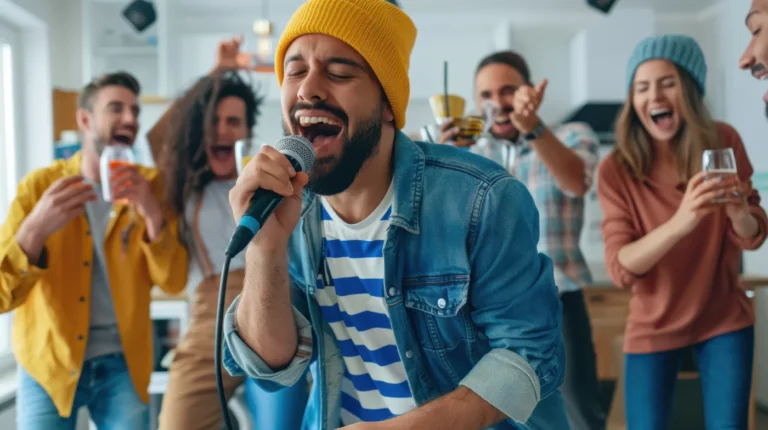 תמונת אווירה: שירה משותפת עם מיקרופון במסיבת קריוקי