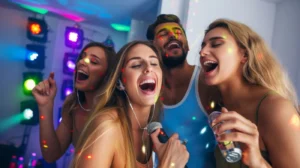 תמונת אווירה: שירה משותפת עם מיקרופון באווירת מסיבה